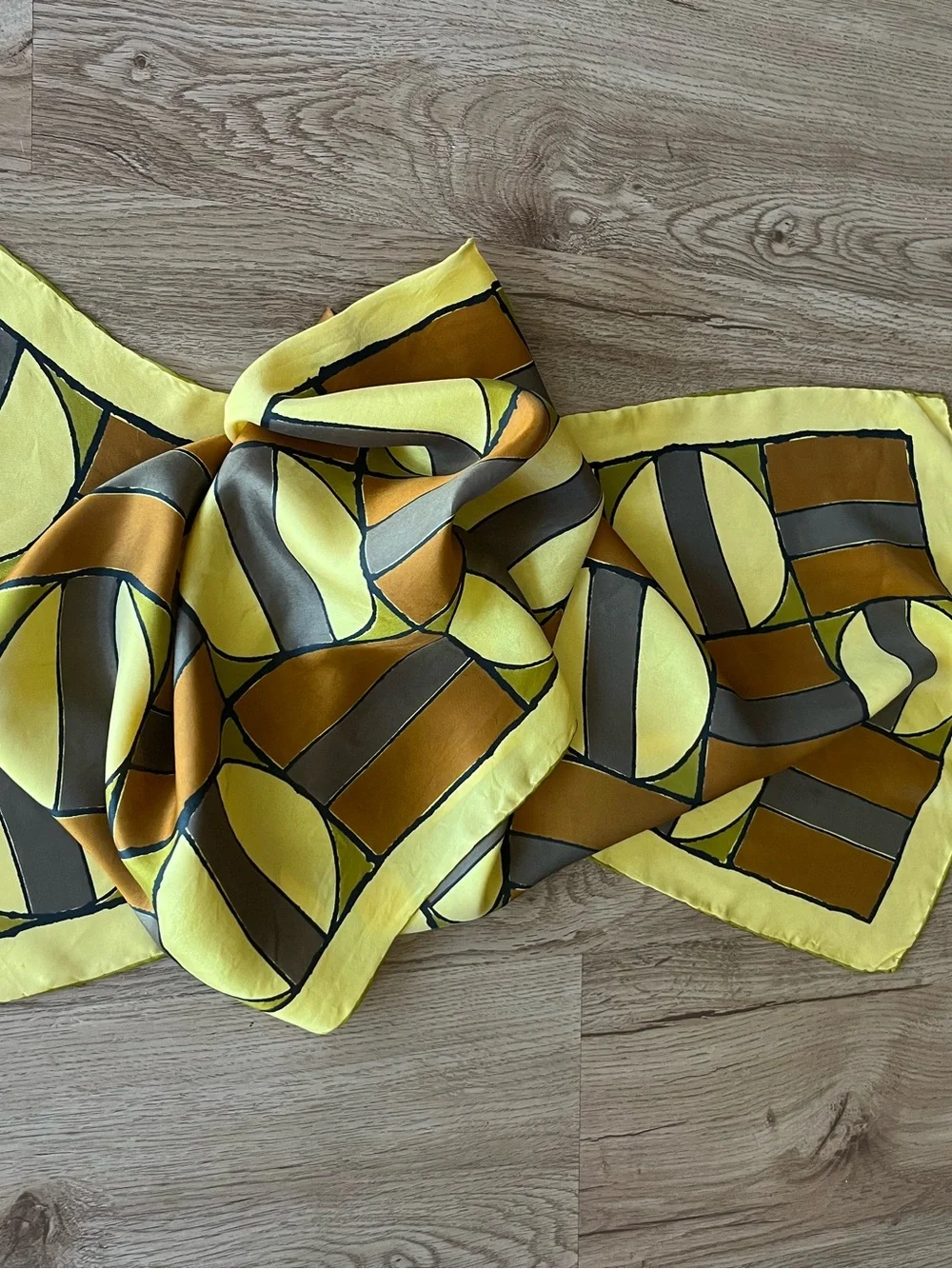 Vera Neumann Silk Vintage Scarf Yellow Geometric Abstract Hand-Rolled Hem 44”